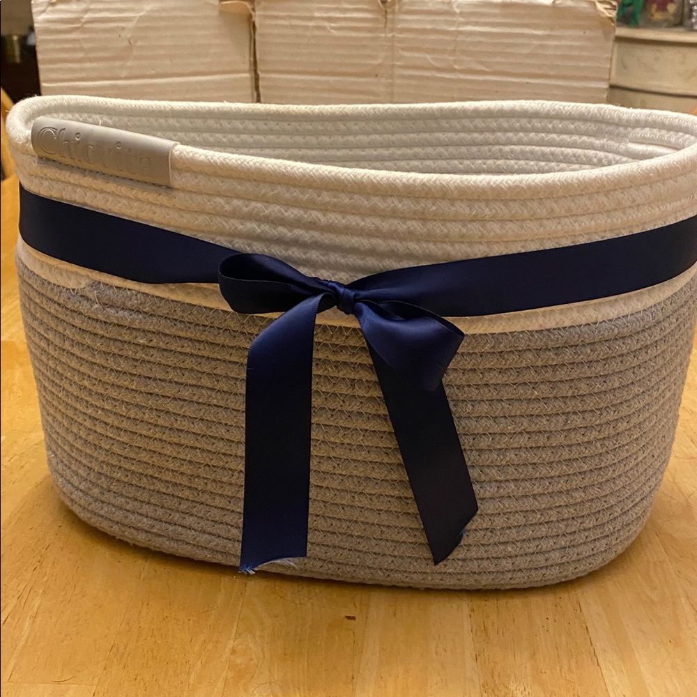 Woven Rope Basket with Navy Ribbon Perfect for storage in bathroom den more